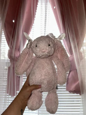 A photo of Bashful Pink Bunny Rattle Jellycat taken by brisjellyjournal