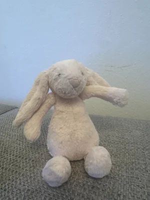 A photo of Bashful Pink Bunny Rattle Jellycat taken by maryfrances23