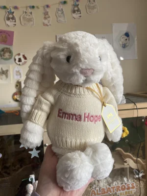 A photo of Bashful Luxe Bunny Nimbus with Personalised Cream Jumper Jellycat taken by Emmahope