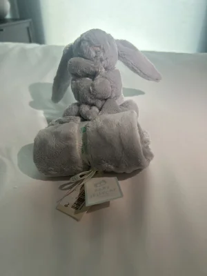 A photo of Personalised Bashful Silver Bunny Soother Jellycat taken by Gwynn