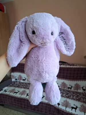 A photo of Personalised Bashful Lilac Bunny Medium Jellycat taken by Jellycat_Nina