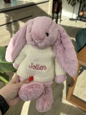 A photo of Bashful Tulip Pink Bunny with Personalised Cream Jumper Jellycat taken by the_jelly_jungle